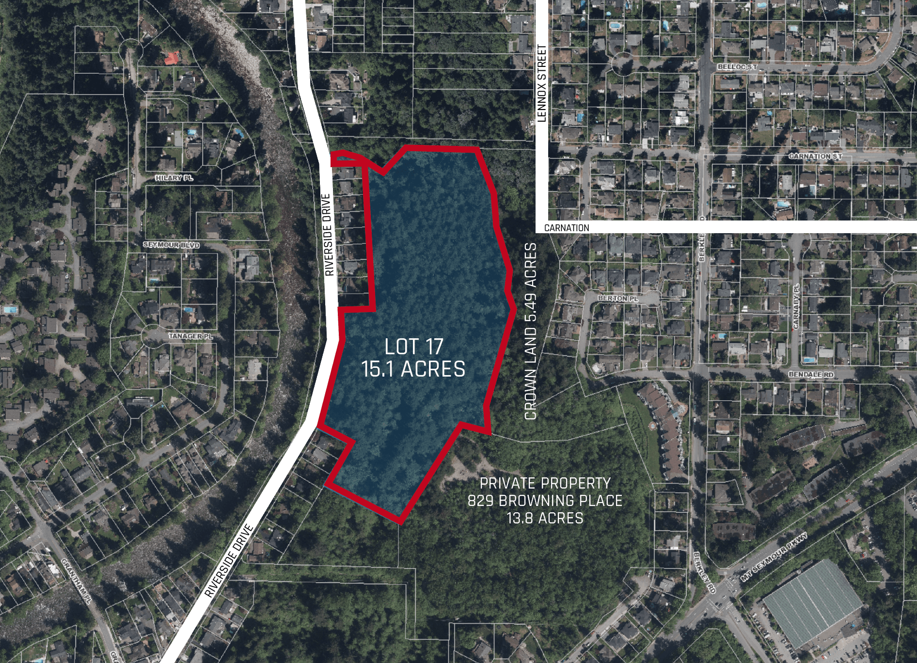 Aerial map showing Lot 17 (15.1 acres) outlined in red on Riverside Drive, North Vancouver
