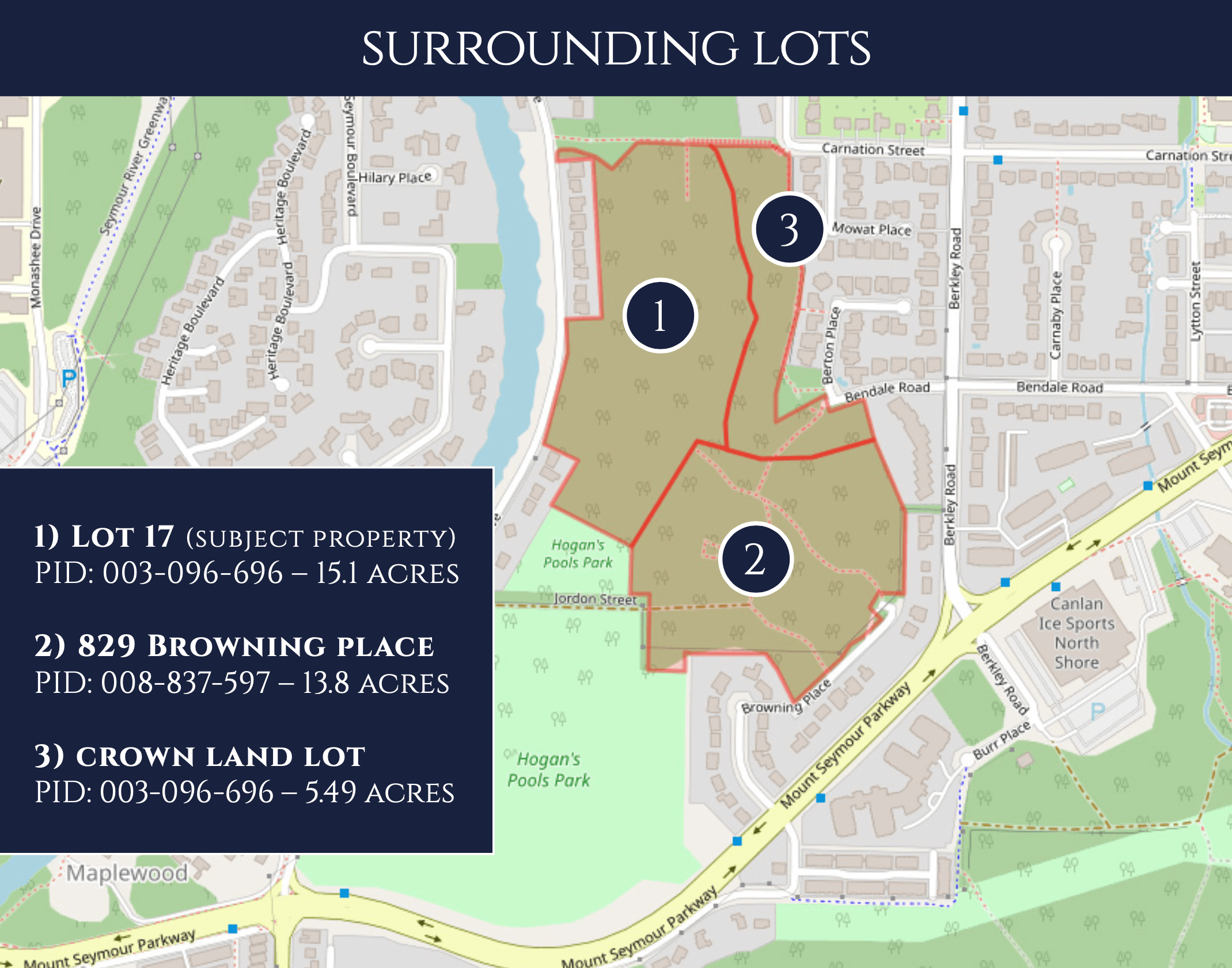 Surrounding lots map. 1) Lot 17 (subject property) PID 003-096-696 – 15.1 acres. 2) 829 Browning Place PID 008-837-597 – 13.8 acres. 3) Crown Land Lot PID 003-096-696 – 5.49 acres.